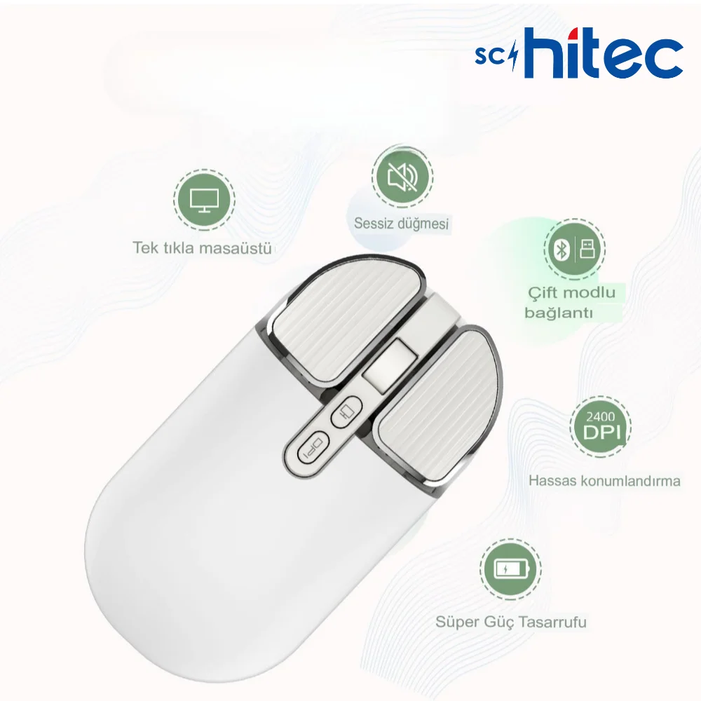 Schitec M203 Çift Modlu Taşınabilir Optik Kablosuz 2.4GHz ve Bluetooth Bağlantılı Süper Sessiz Mouse Beyaz