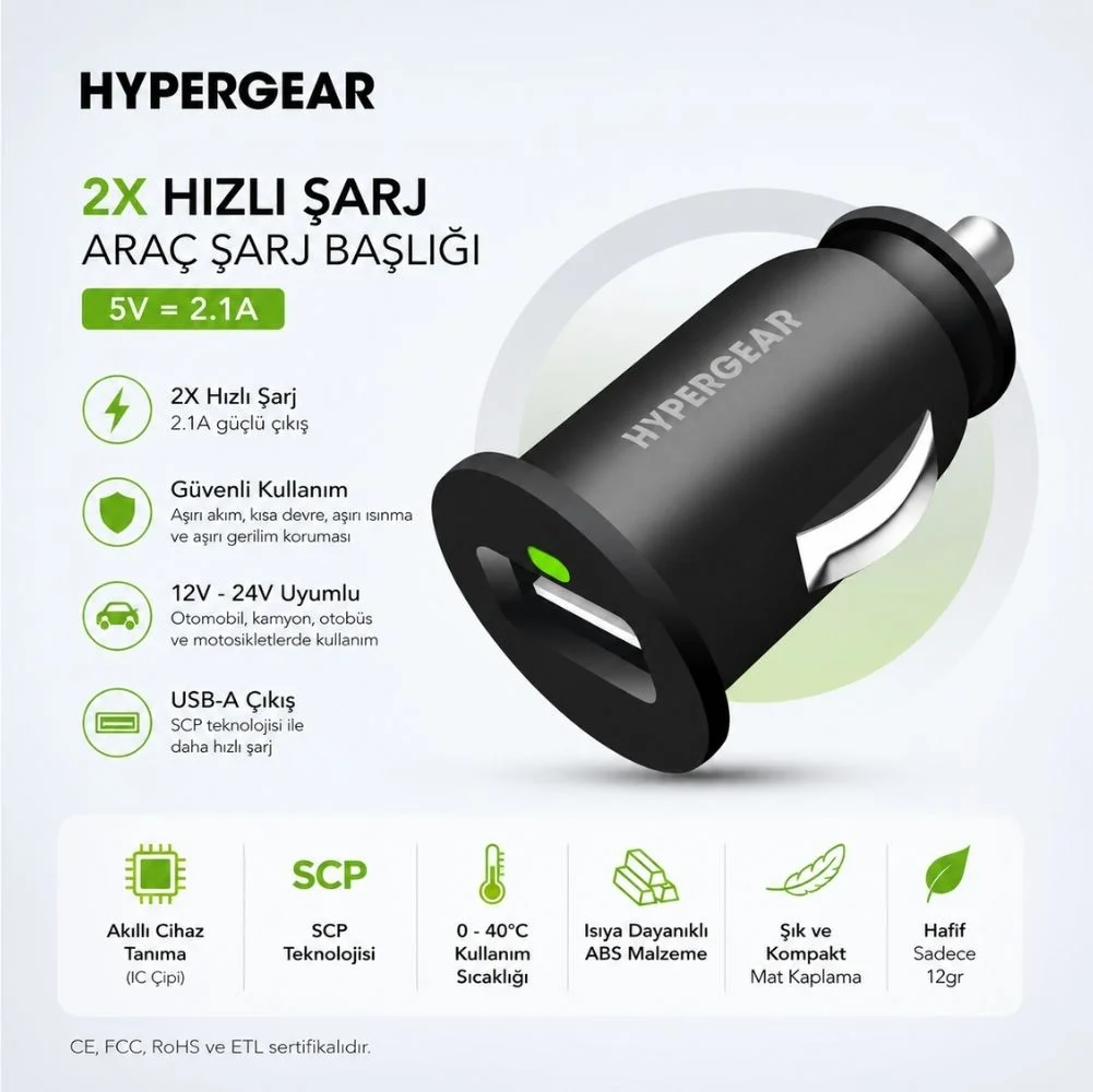 Hypergear 2.1A  2X Hızlı Araç Şarj Aleti Başlığı Siyah