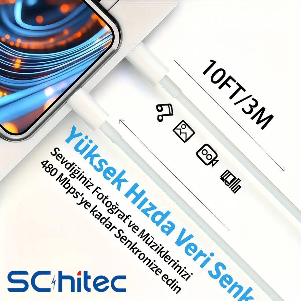 ScHitec 3A 60W Type-C to Lightning Hızlı Data ve Şarj Kablosu 3 Metre Beyaz SX25