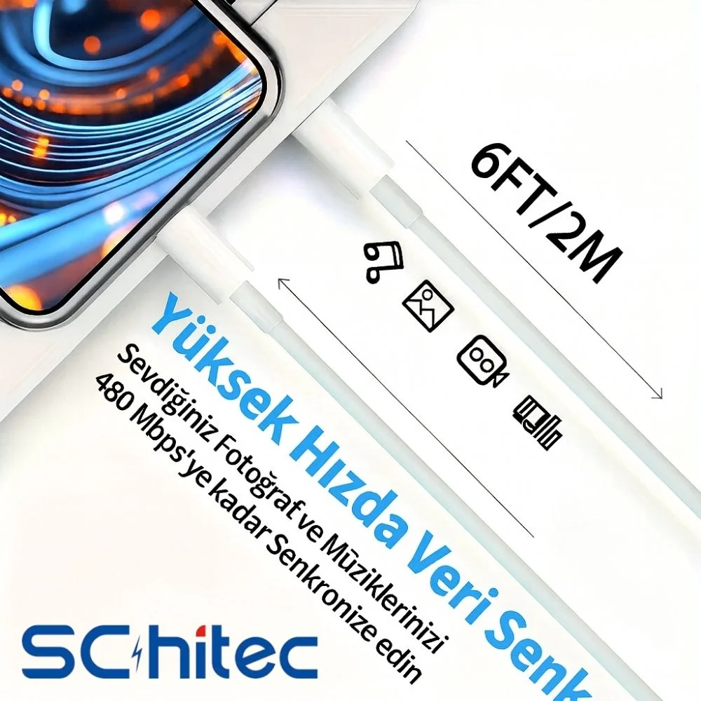 ScHitec 3A 60W Type-C to Lightning Hızlı Data ve Şarj Kablosu 2 Metre Beyaz SX252M