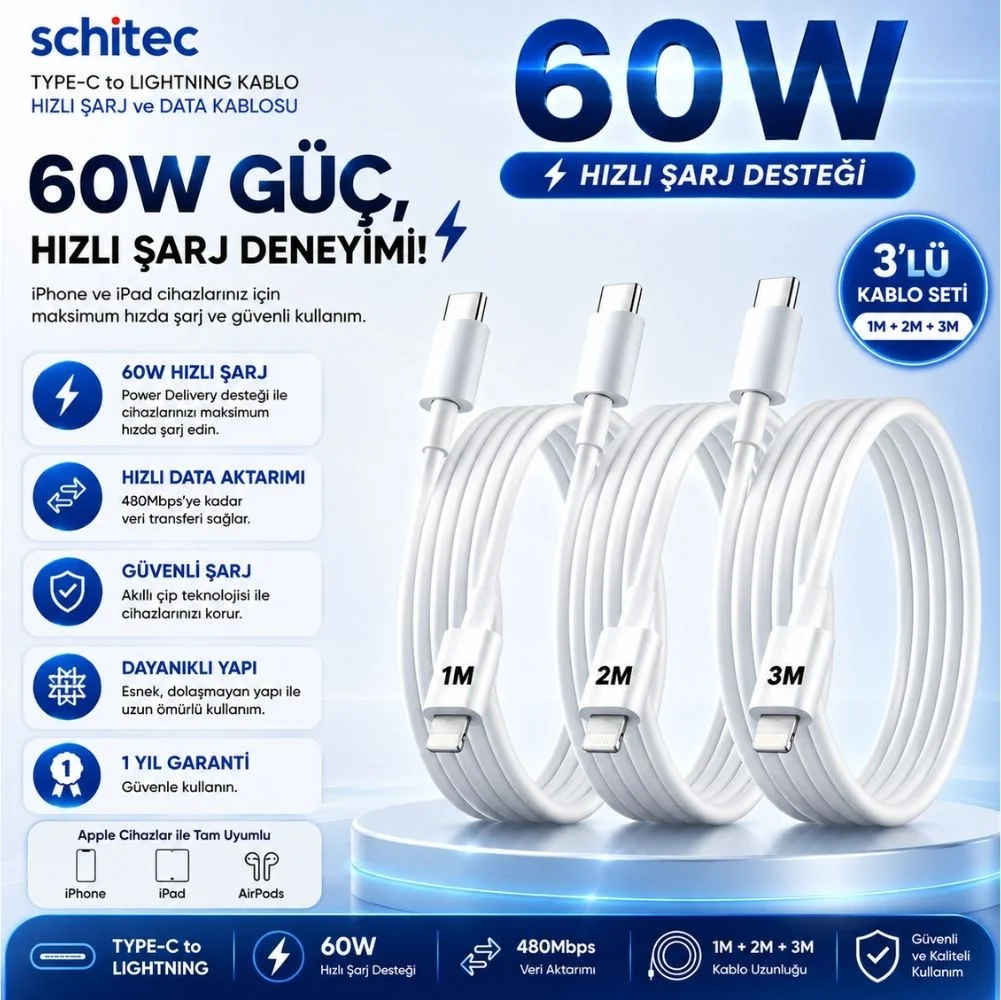 ScHitec 3 Paket 3A 60W Type-C to Lightning Hızlı Data ve Şarj Kablosu 1 Metre / 2 Metre / 3 Metre Beyaz SX253P