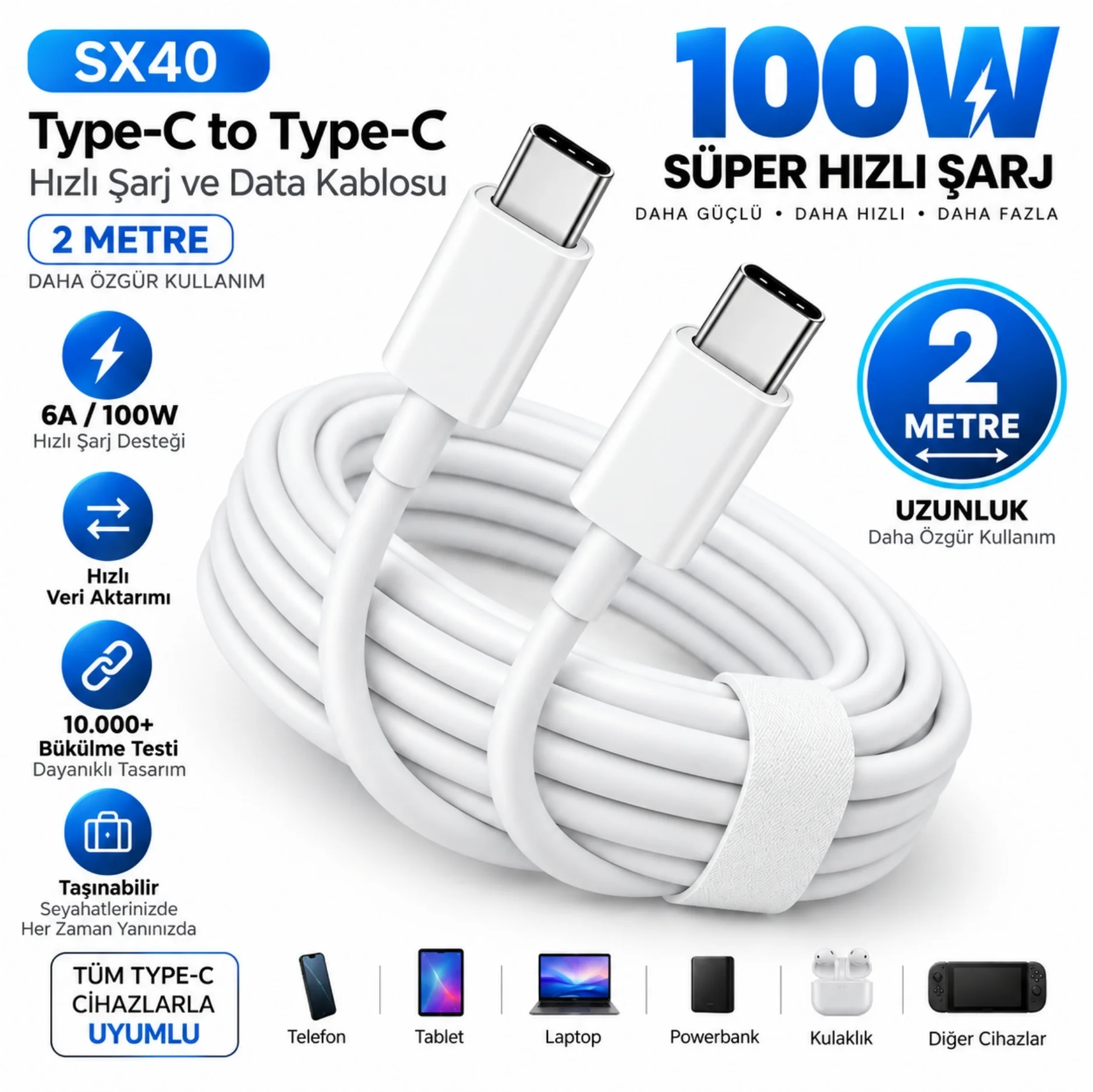 ScHitec 6A 100W Type-C to Type-C Hızlı Data ve Süper Şarj Kablosu 2 Metre Beyaz SX40