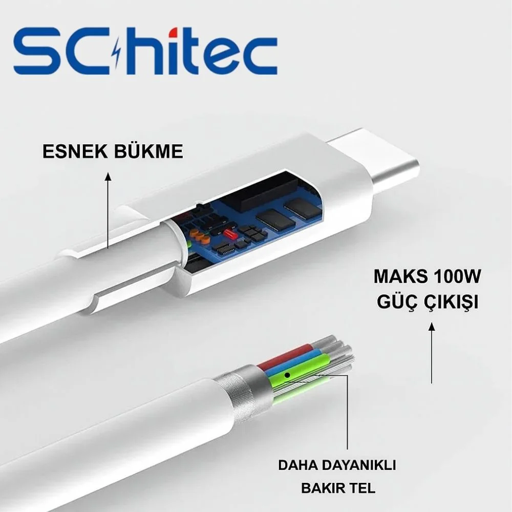 ScHitec 6A 100W Type-C to Type-C Hızlı Data ve Süper Şarj Kablosu 2 Metre Beyaz SX40