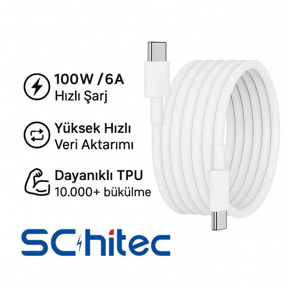 ScHitec 3 Paket 6A 100W Type-C to Type-C Hızlı Data ve Süper Şarj Kablosu 1 Metre / 2 Metre / 3 Metre Beyaz SX102030 - ScHitecSX1020303P