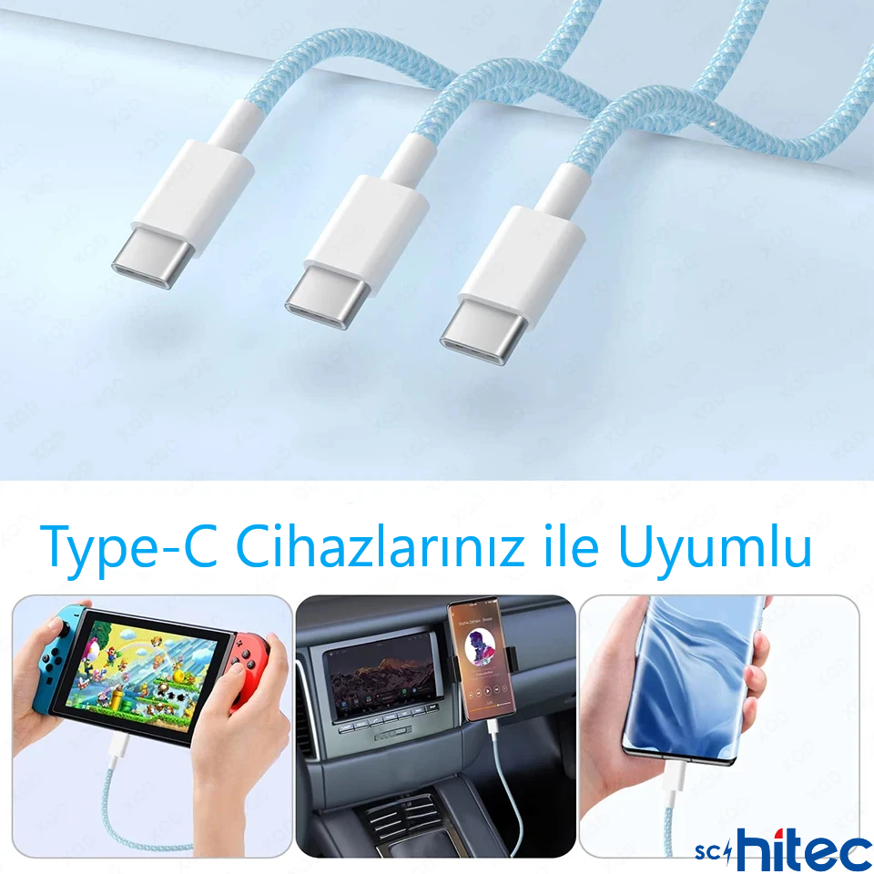 ScHitec 70W 3Metre Type-C to Type-C Örgülü Hızlı Data ve Şarj Kablosu Beyaz TC35