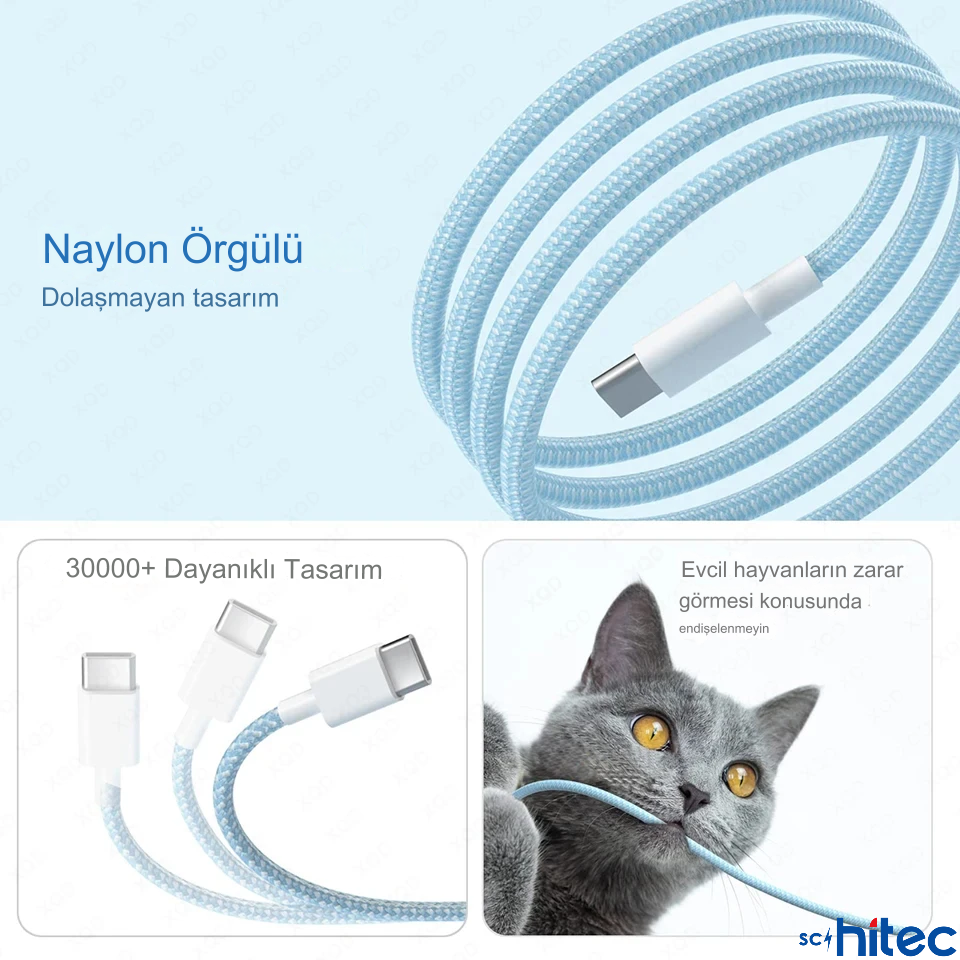 ScHitec 70W 3Metre Type-C to Type-C Örgülü Hızlı Data ve Şarj Kablosu Beyaz TC35