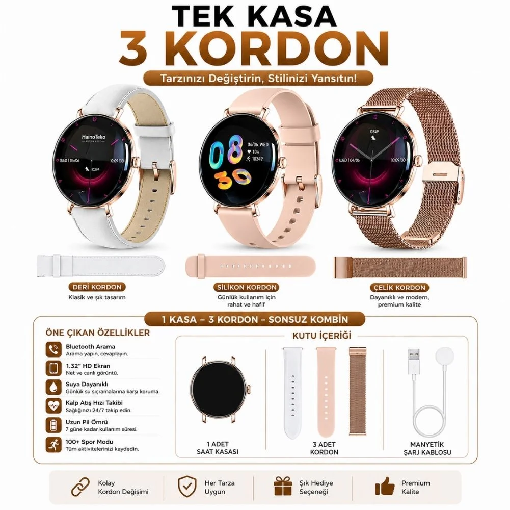 Haino Teko Amoled Ekran Super Slim Tasarım WaterProof 3 Kordonlu Akıllı Saat Gold Rose Teko18