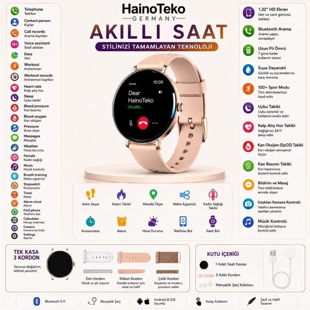 Haino Teko Amoled Ekran Super Slim Tasarım WaterProof 3 Kordonlu Akıllı Saat Gold Rose Teko18