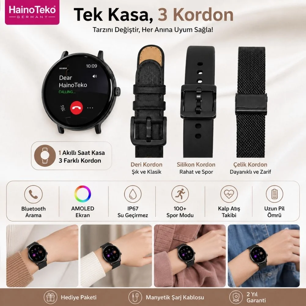 Haino Teko 18 Amoled Ekran Super Slim Tasarım WaterProof 3 Kordonlu Akıllı Saat Siyah Teko18S