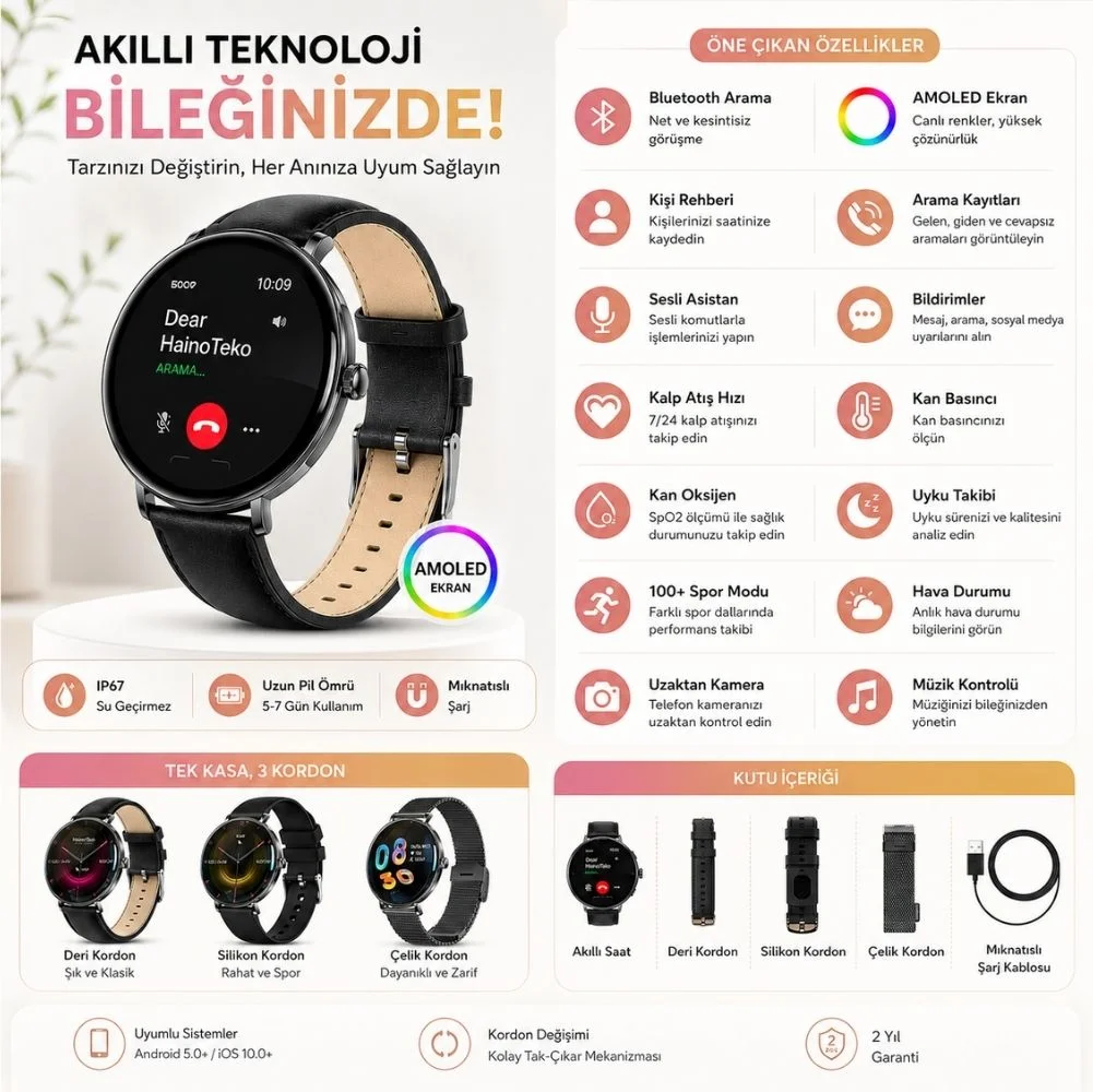 Haino Teko 18 Amoled Ekran Super Slim Tasarım WaterProof 3 Kordonlu Akıllı Saat Siyah Teko18S
