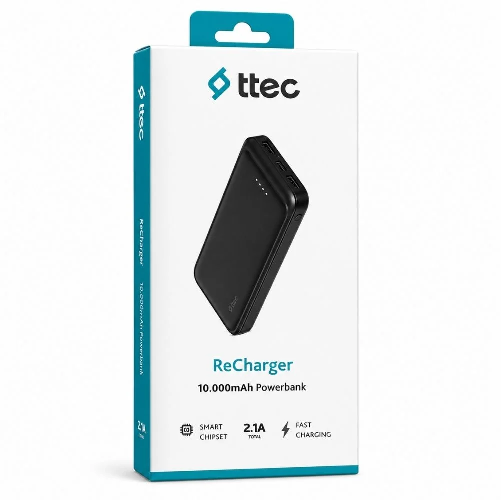 Ttec ReCharger 10000mAh Taşınabilir UsbA ve Type-C Taşınabilir Hızlı Powerbank Display Box Siyah 2BB263S