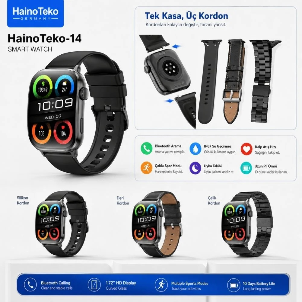 Haino Teko Watch Ultra 14 Amoled Ekran WaterProof 3 Kordonlu Akıllı Saat Siyah Teko14
