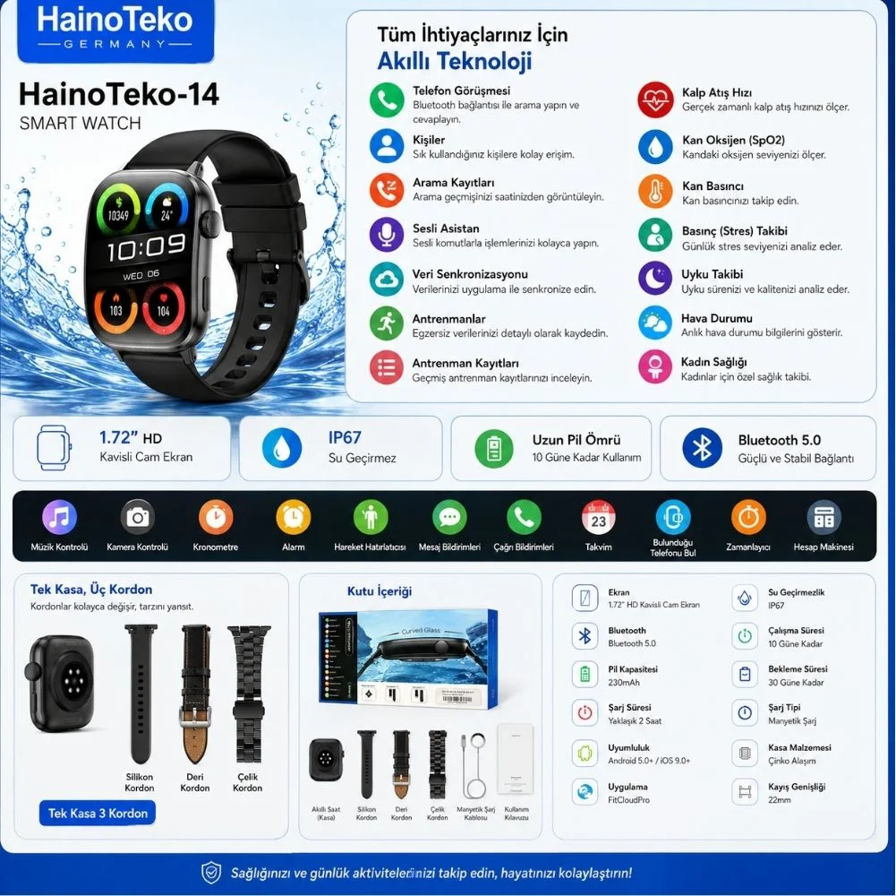 Haino Teko Watch Ultra 14 Amoled Ekran WaterProof 3 Kordonlu Akıllı Saat Siyah Teko14