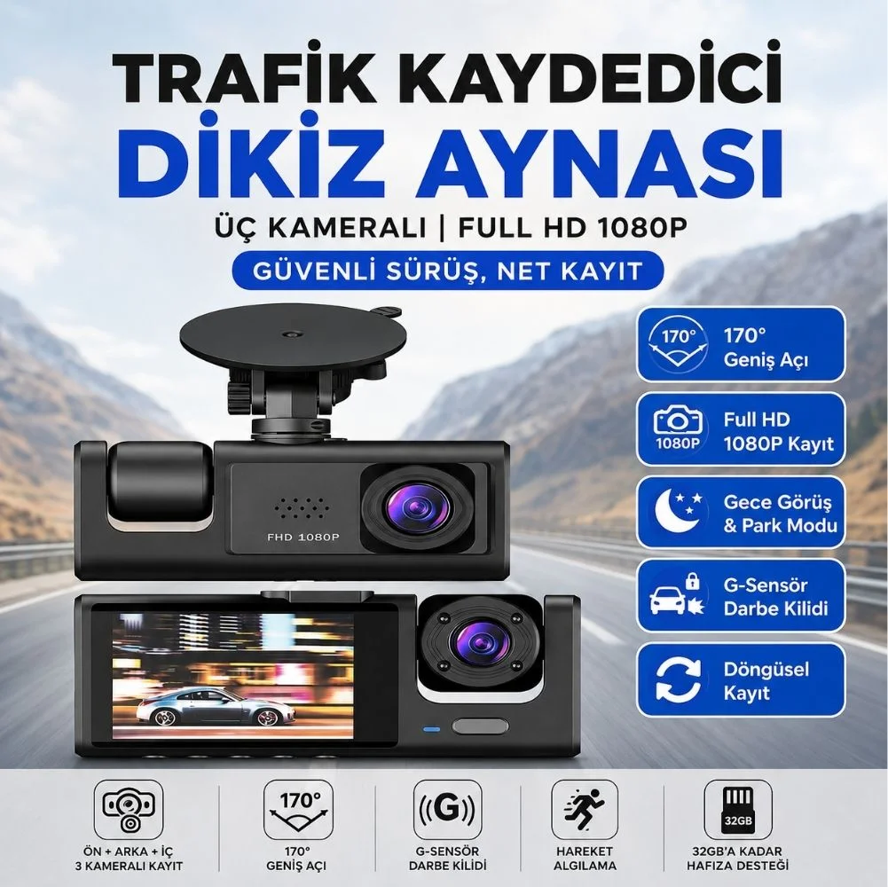 SChitec Trafik Kaydedici Dikiz Aynası | Üç Kameralı 170° Geniş Açı Full HD 1080P Araç İçi Kamera C309