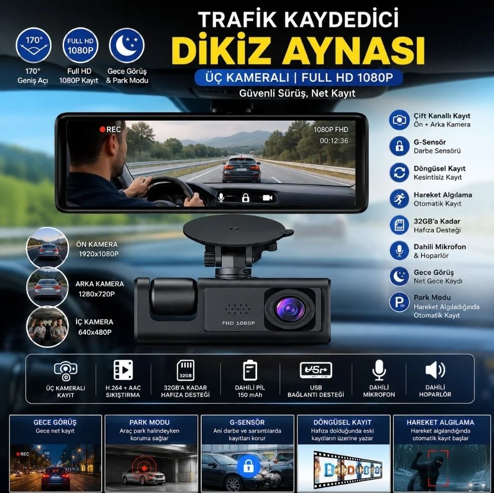 SChitec Trafik Kaydedici Dikiz Aynası | Üç Kameralı 170° Geniş Açı Full HD 1080P Araç İçi Kamera C309
