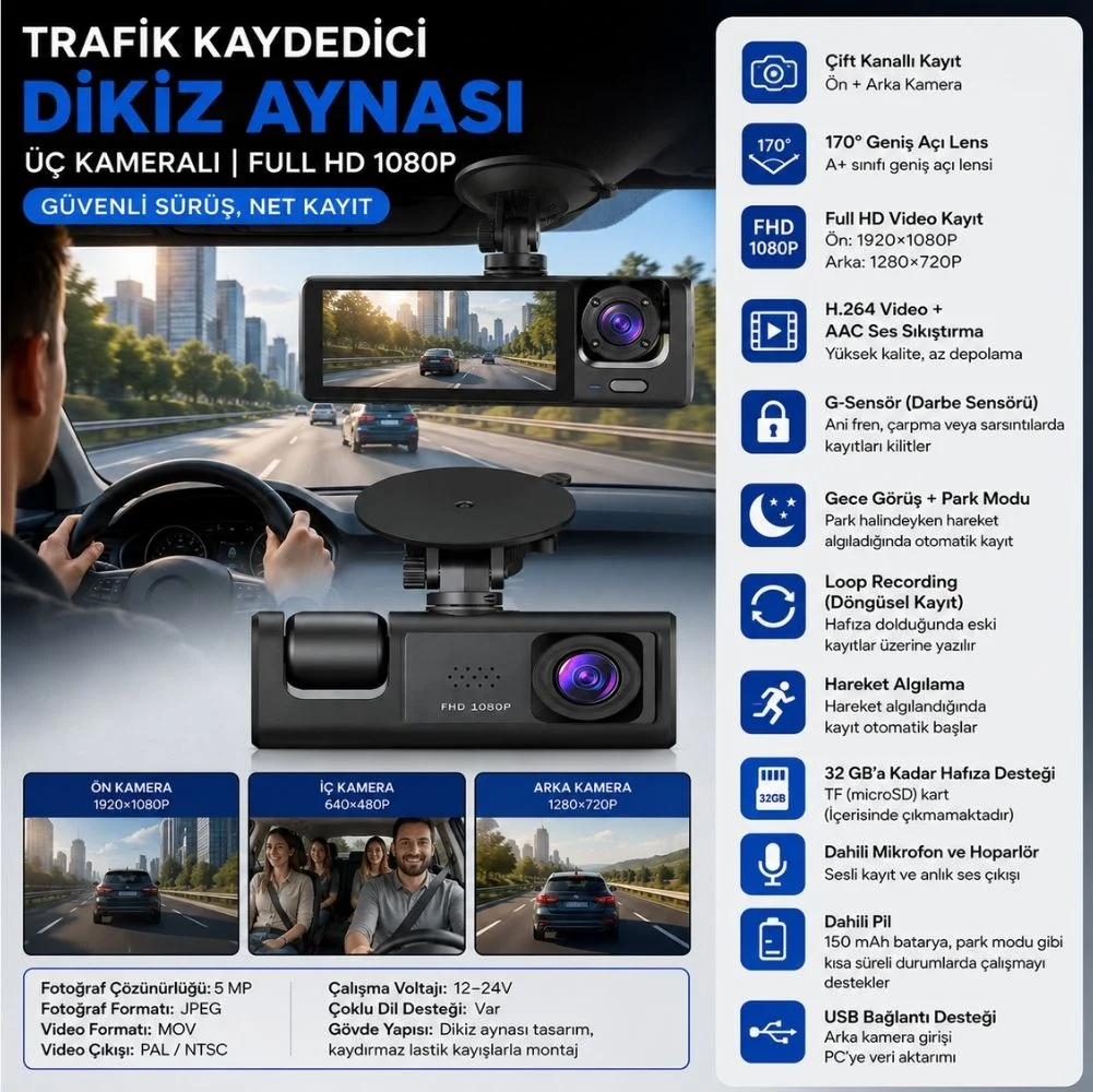 SChitec Trafik Kaydedici Dikiz Aynası | Üç Kameralı 170° Geniş Açı Full HD 1080P Araç İçi Kamera C309