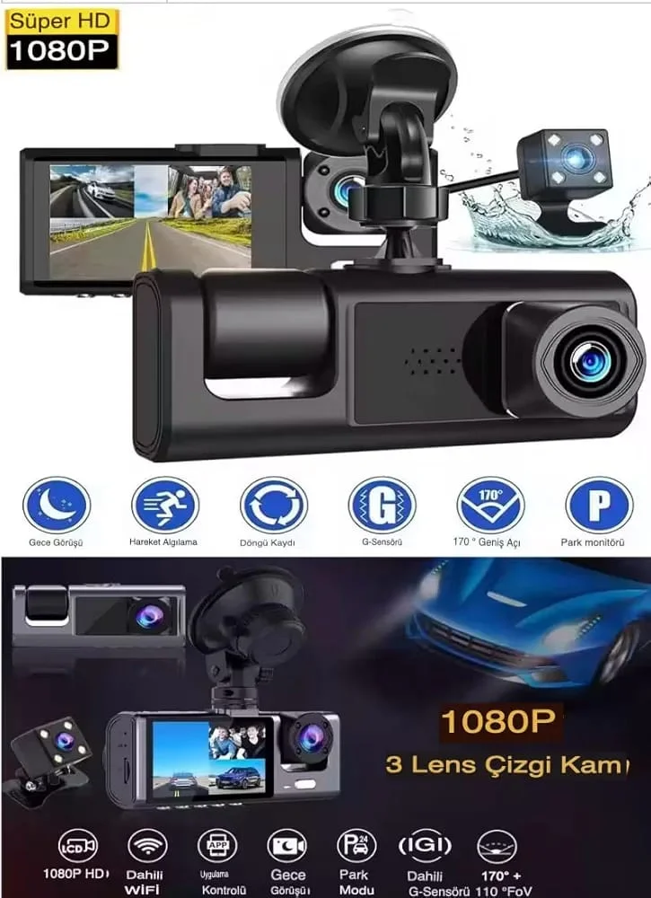 SChitec Trafik Kaydedici Dikiz Aynası | Üç Kameralı 170° Geniş Açı Full HD 1080P Araç İçi Kamera C309