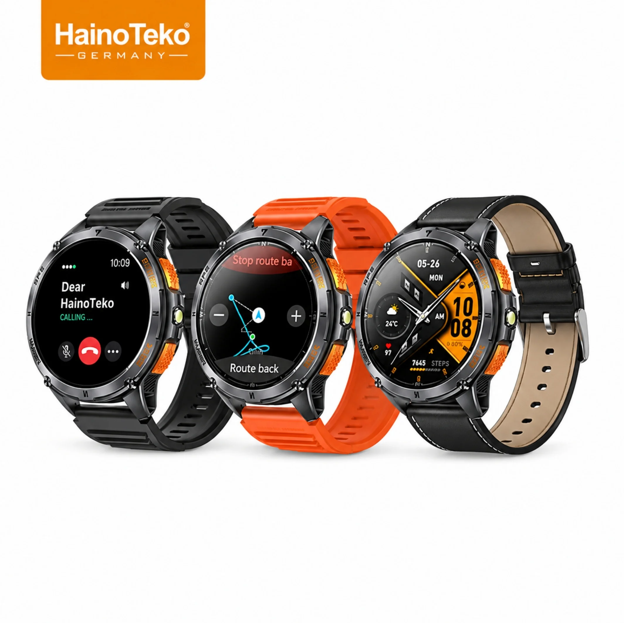 HainoTeko GPS-1 Akıllı Saat AMOLED GPS Konum Takibi Bluetooth Arama Fener 3 Kordon Set Siyah Kasa