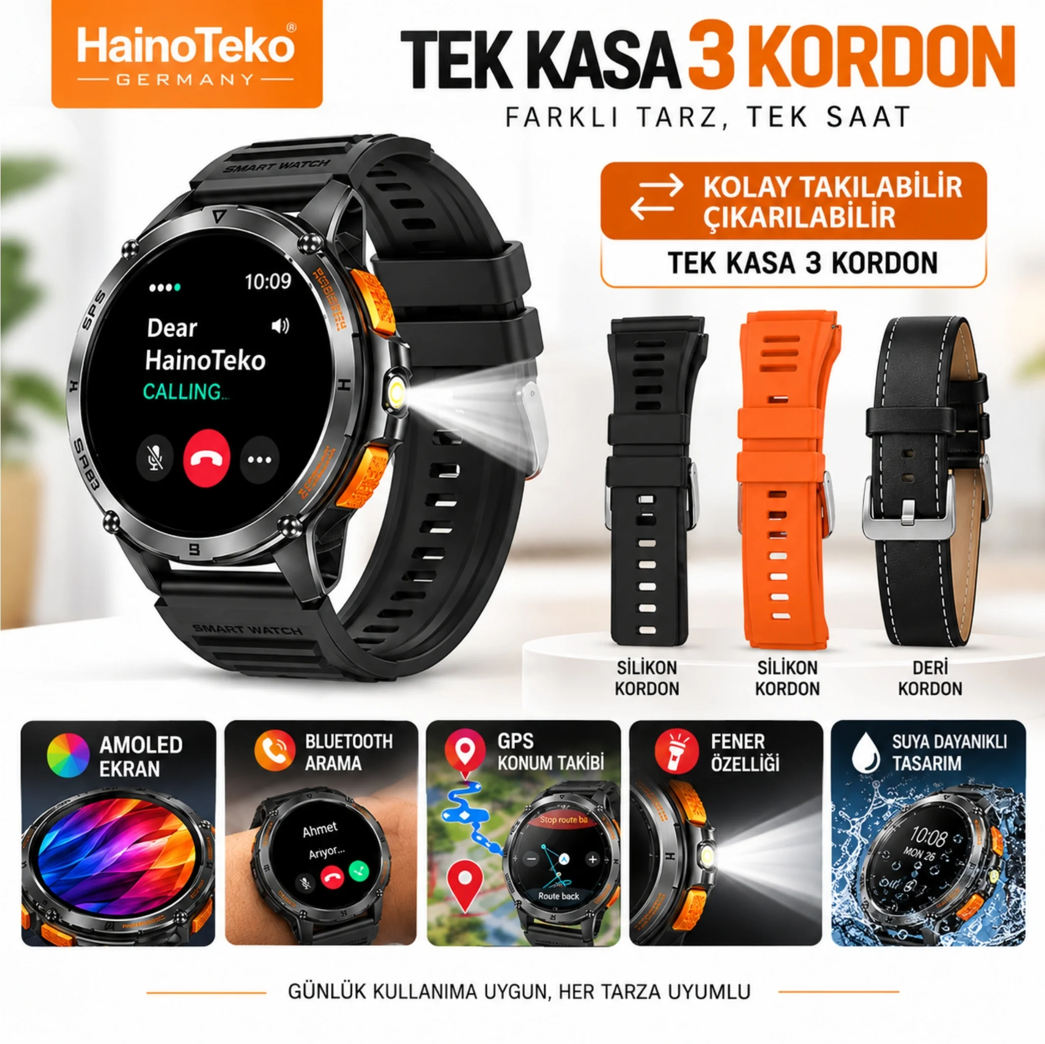 HainoTeko GPS-1 Akıllı Saat AMOLED GPS Konum Takibi Bluetooth Arama Fener 3 Kordon Set Siyah Kasa