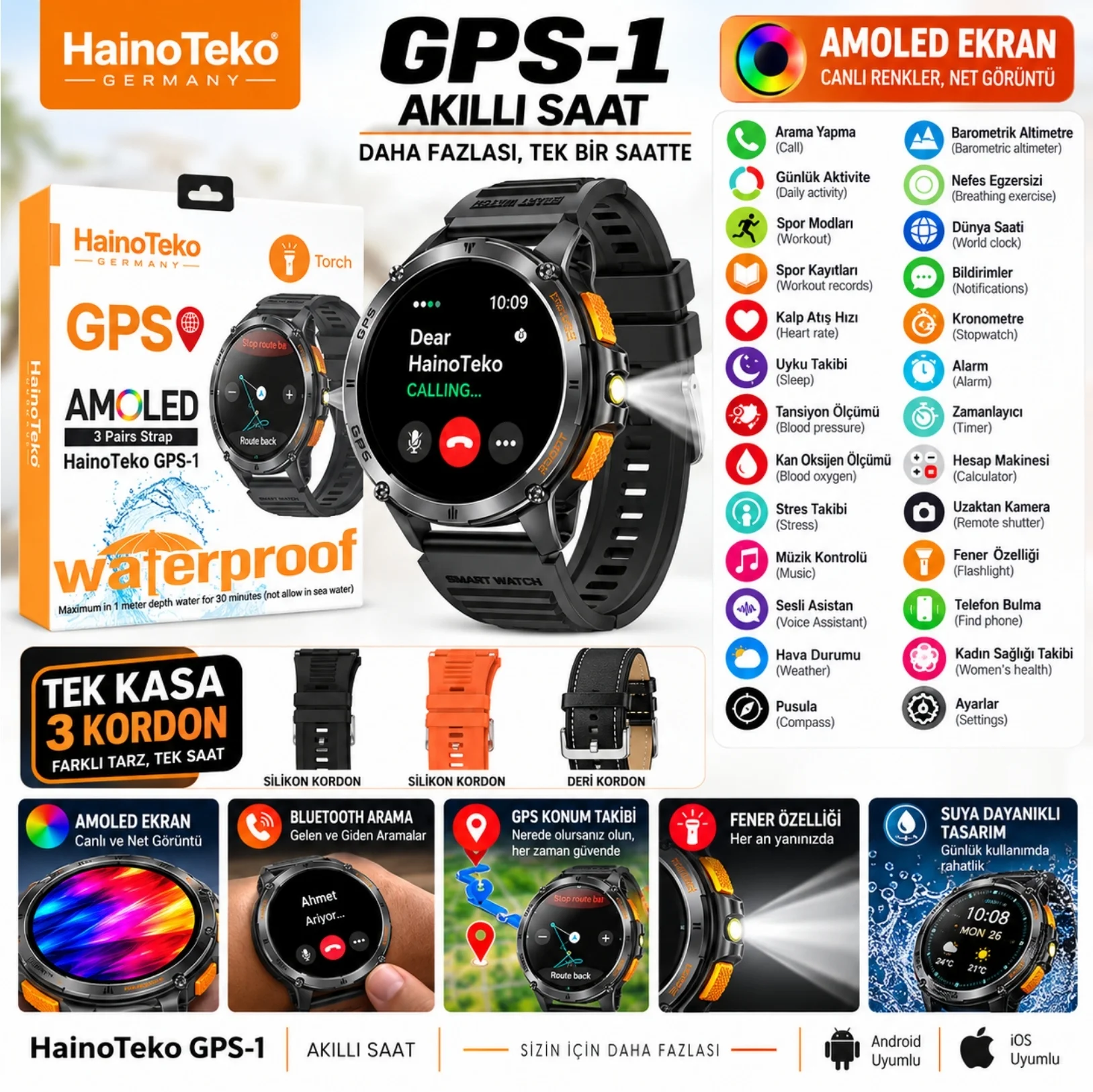 HainoTeko GPS-1 Akıllı Saat AMOLED GPS Konum Takibi Bluetooth Arama Fener 3 Kordon Set Siyah Kasa