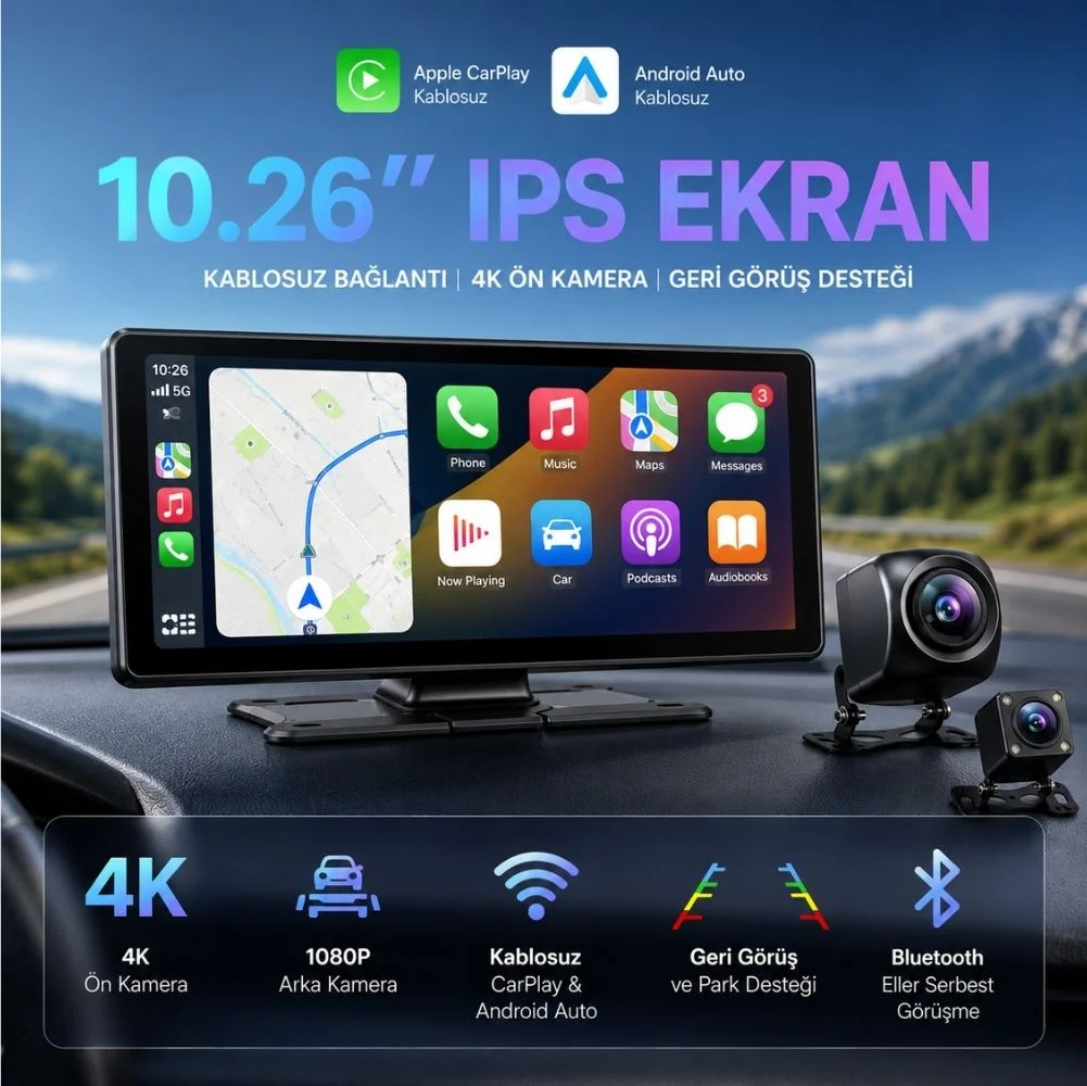 SChitec 4K Ultra Araç İçi Akıllı Ekran – Ön ve Arka Kameralı, Kablosuz CarPlay ve Android Auto Destekli (10.26”) YK3507