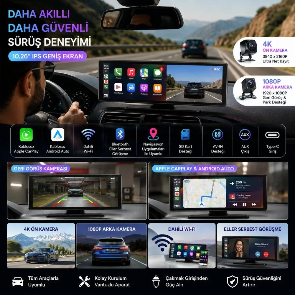 SChitec 4K Ultra Araç İçi Akıllı Ekran – Ön ve Arka Kameralı, Kablosuz CarPlay ve Android Auto Destekli (10.26”) YK3507