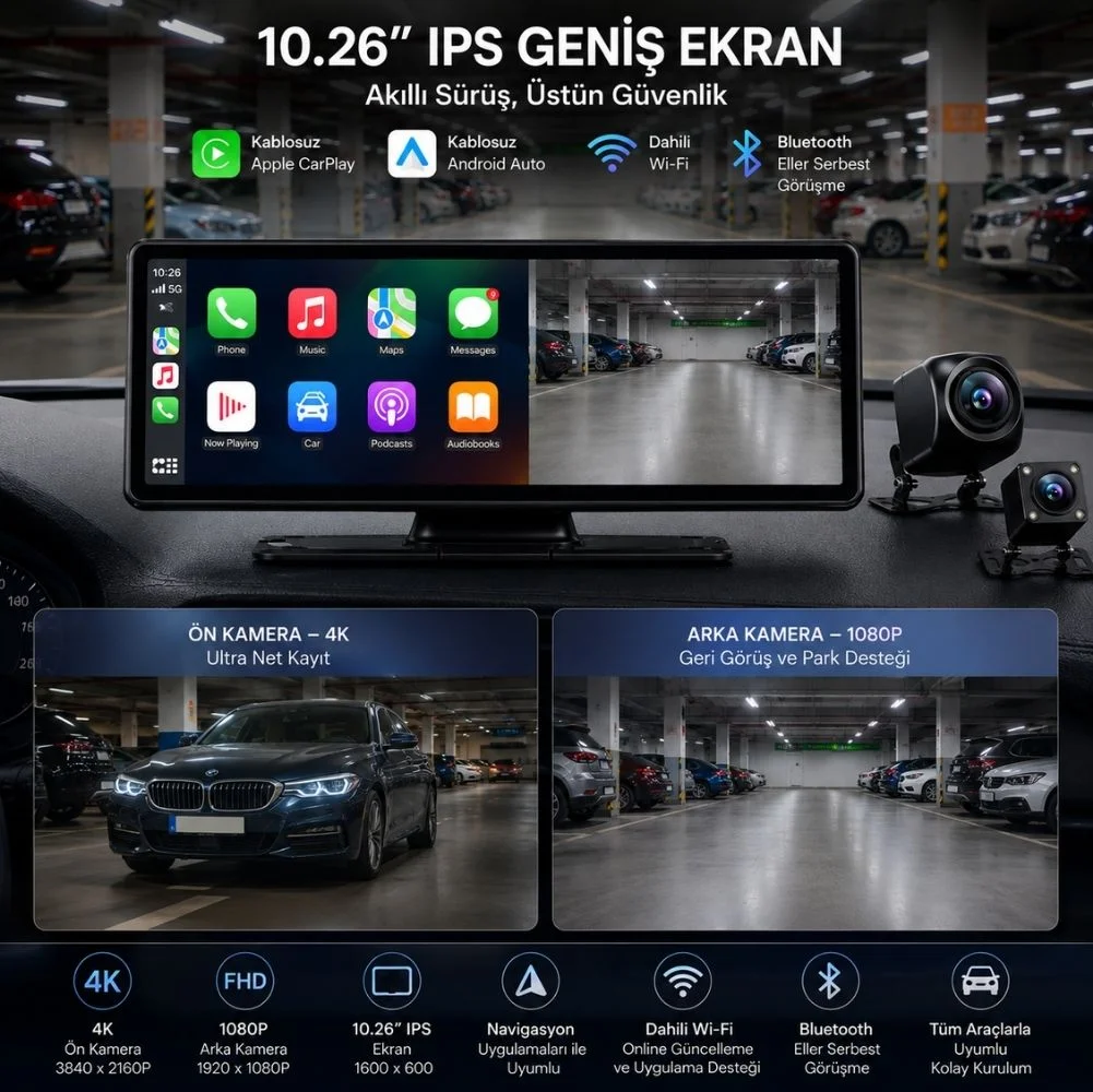 SChitec 4K Ultra Araç İçi Akıllı Ekran – Ön ve Arka Kameralı, Kablosuz CarPlay ve Android Auto Destekli (10.26”) YK3507
