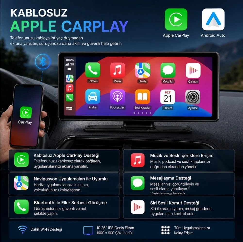 SChitec 4K Ultra Araç İçi Akıllı Ekran – Ön ve Arka Kameralı, Kablosuz CarPlay ve Android Auto Destekli (10.26”) YK3507