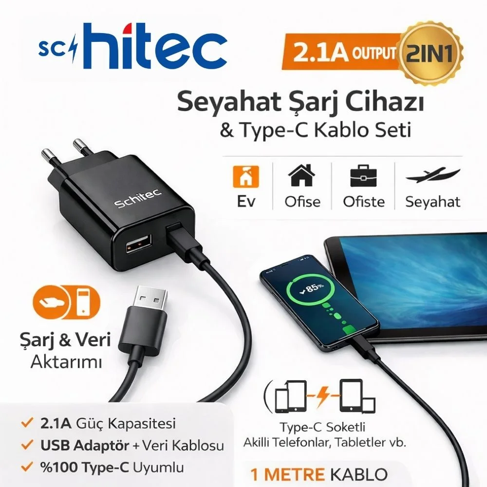 Schitec 70W UsbA to Type-C Data ve Fast Şarj Kablosu 1m Siyah