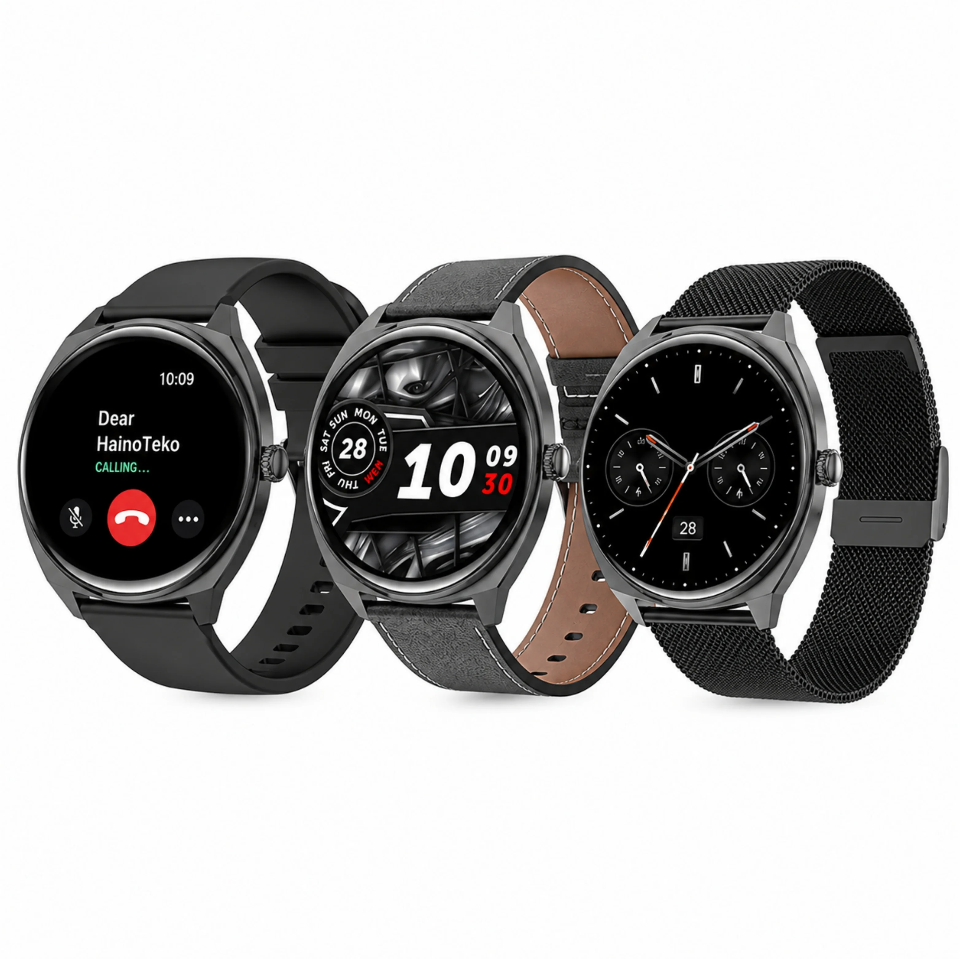 HainoTeko-16 Amoled Ekran Waterproof 3 Kordonlu Akıllı Saat Siyah Premium Set