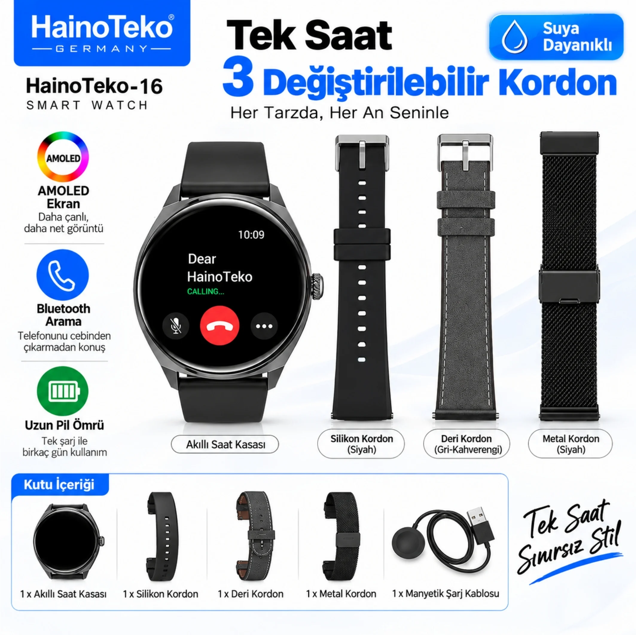 HainoTeko-16 Amoled Ekran Waterproof 3 Kordonlu Akıllı Saat Siyah Premium Set