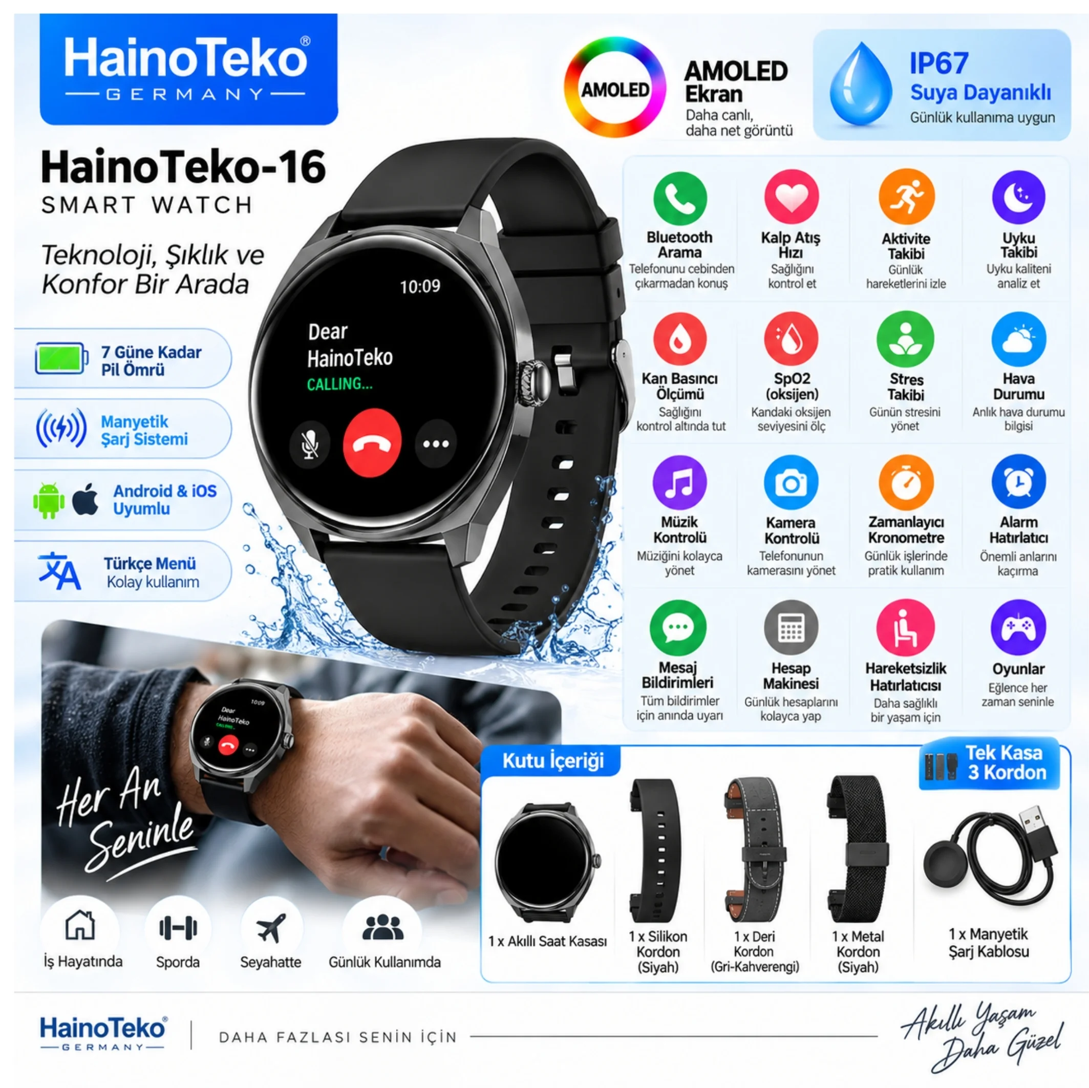 HainoTeko-16 Amoled Ekran Waterproof 3 Kordonlu Akıllı Saat Siyah Premium Set