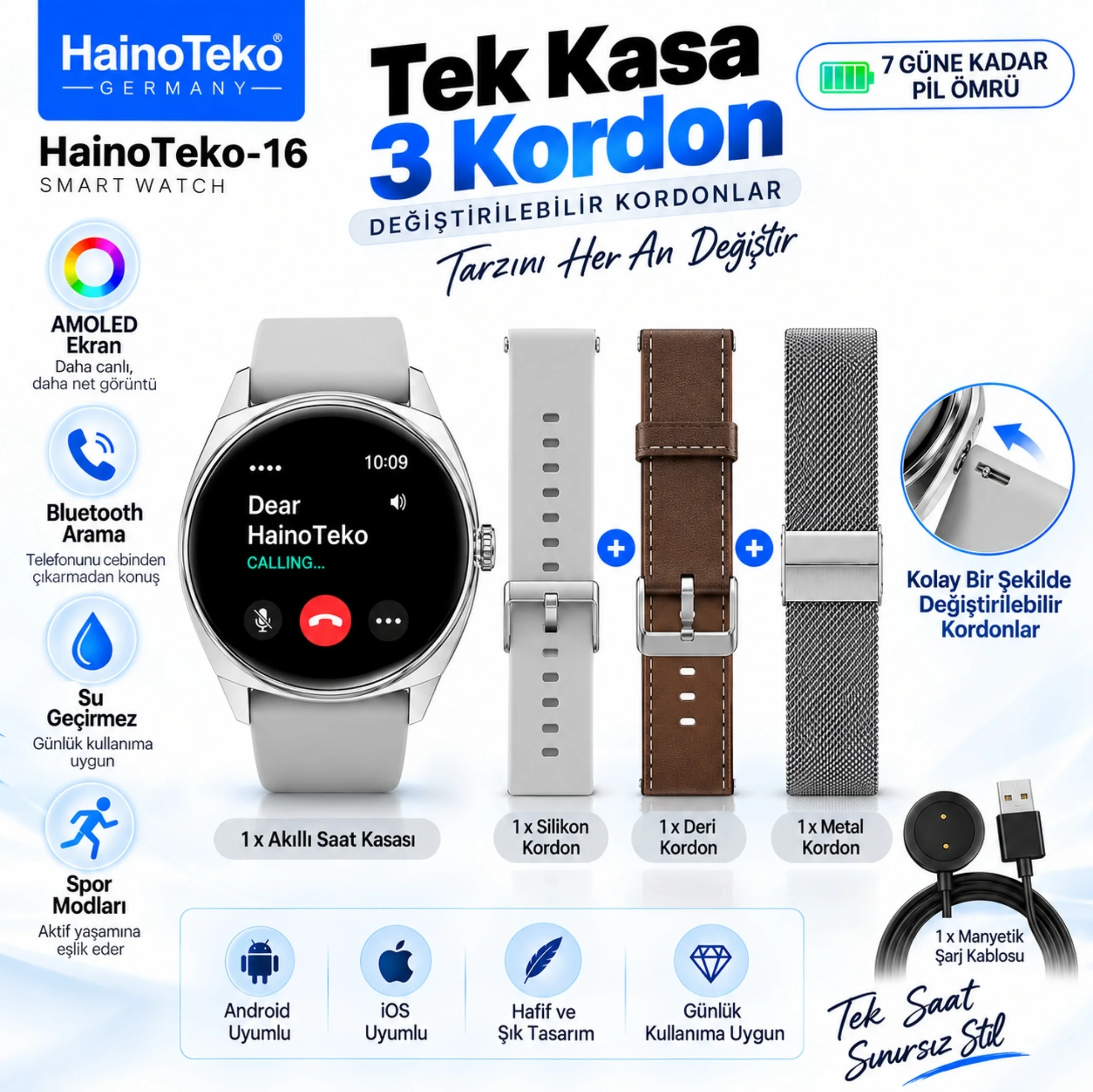 HainoTeko-16 Amoled Ekran Waterproof 3 Kordonlu Akıllı Saat Gümüş Premium Set