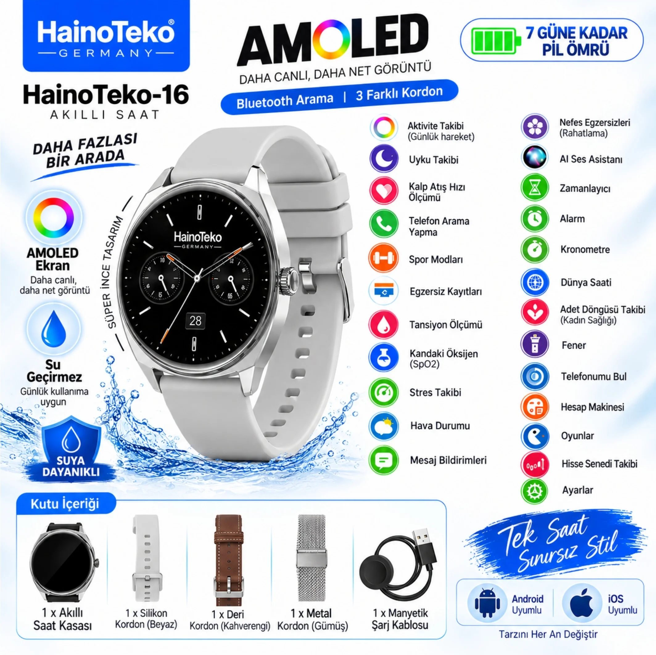 HainoTeko-16 Amoled Ekran Waterproof 3 Kordonlu Akıllı Saat Gümüş Premium Set
