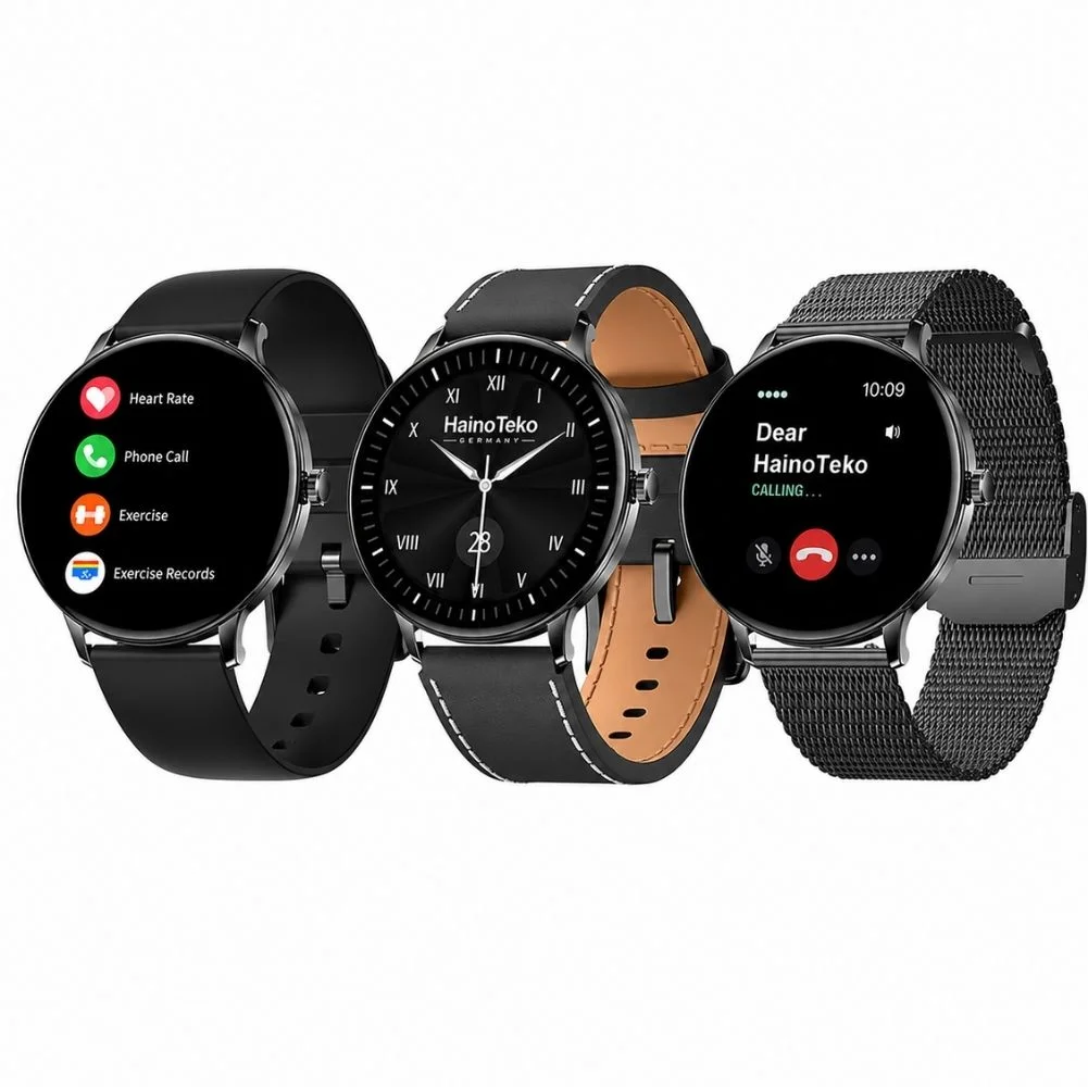HainoTeko-27 Waterproof Akıllı Saat AMOLED Ekran Bluetooth Arama 3 Kordon Set Siyah