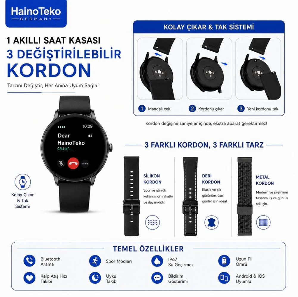 HainoTeko-27 Waterproof Akıllı Saat AMOLED Ekran Bluetooth Arama 3 Kordon Set Siyah