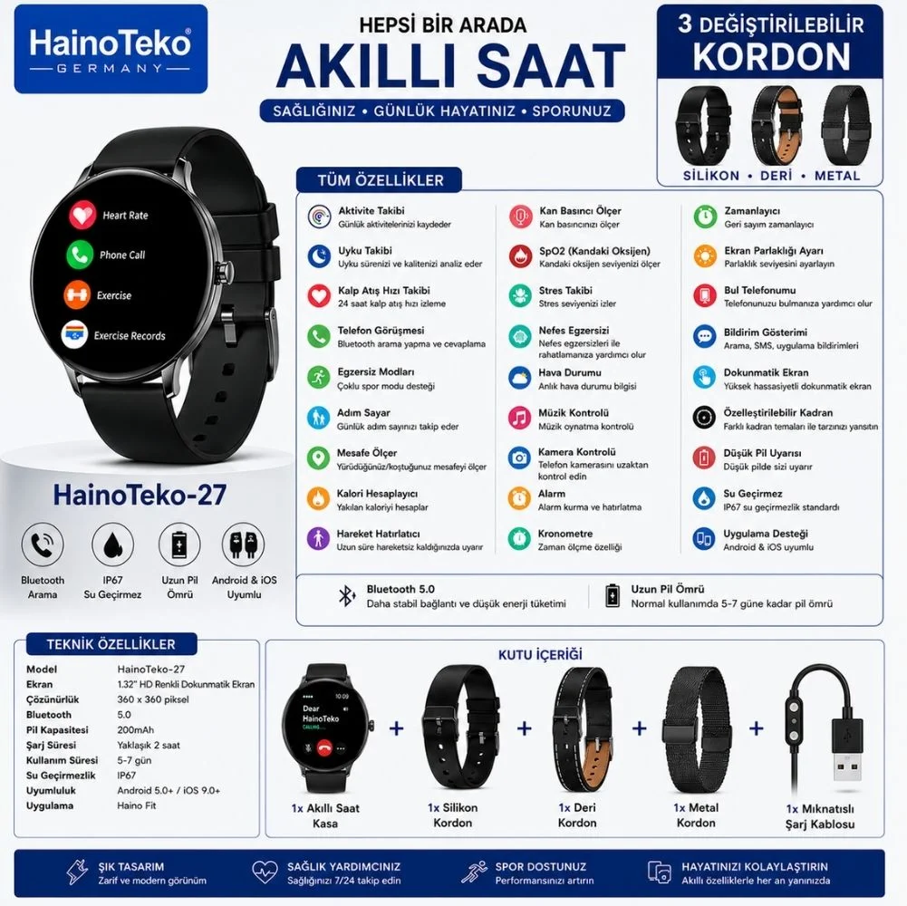 HainoTeko-27 Waterproof Akıllı Saat AMOLED Ekran Bluetooth Arama 3 Kordon Set Siyah