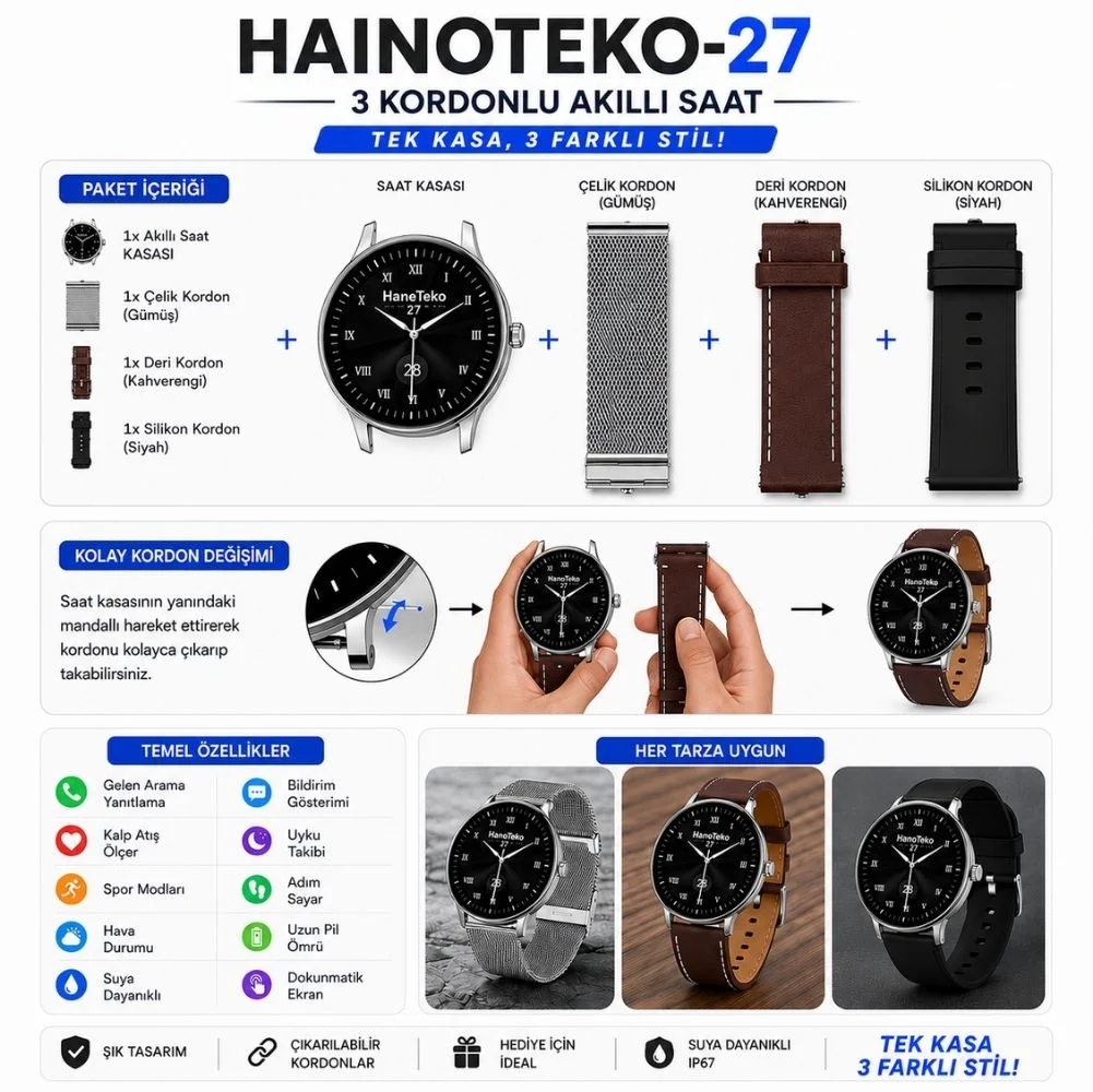 HainoTeko-27 Waterproof Akıllı Saat AMOLED Ekran Bluetooth Arama 3 Kordon Set Gümüş