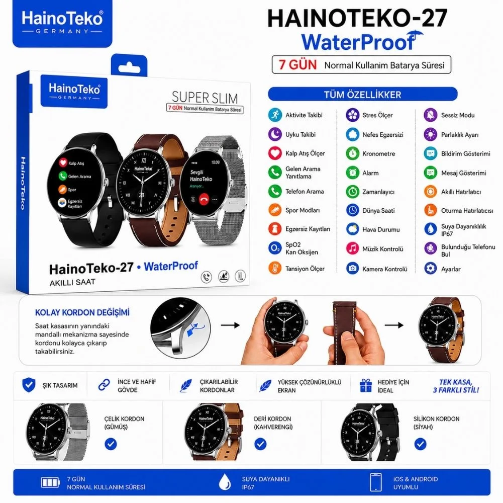 HainoTeko-27 Waterproof Akıllı Saat AMOLED Ekran Bluetooth Arama 3 Kordon Set Gümüş
