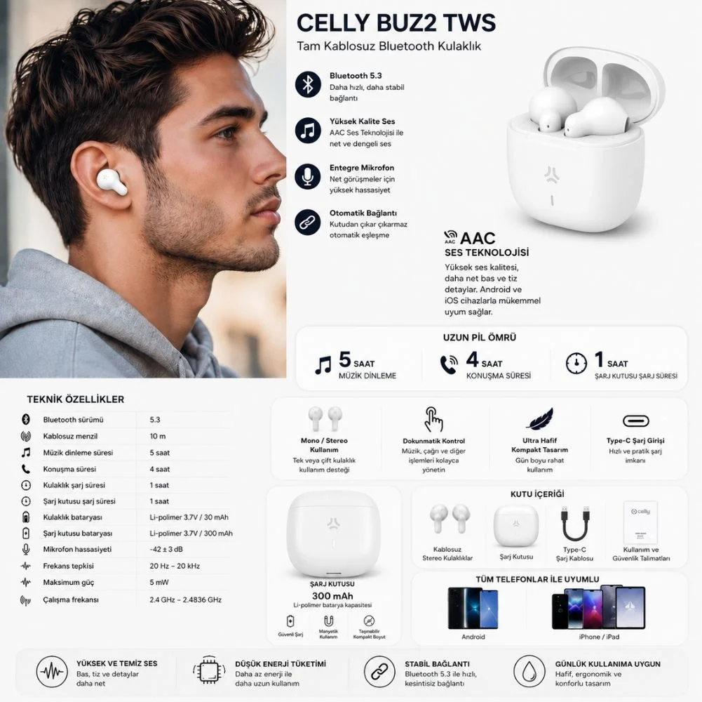 CELLY BUZ2 TWS Tam Kablosuz Bluetooth 5.3 Dokunmatik Kulak İçi Beyaz Kulaklık Type-C Girişli