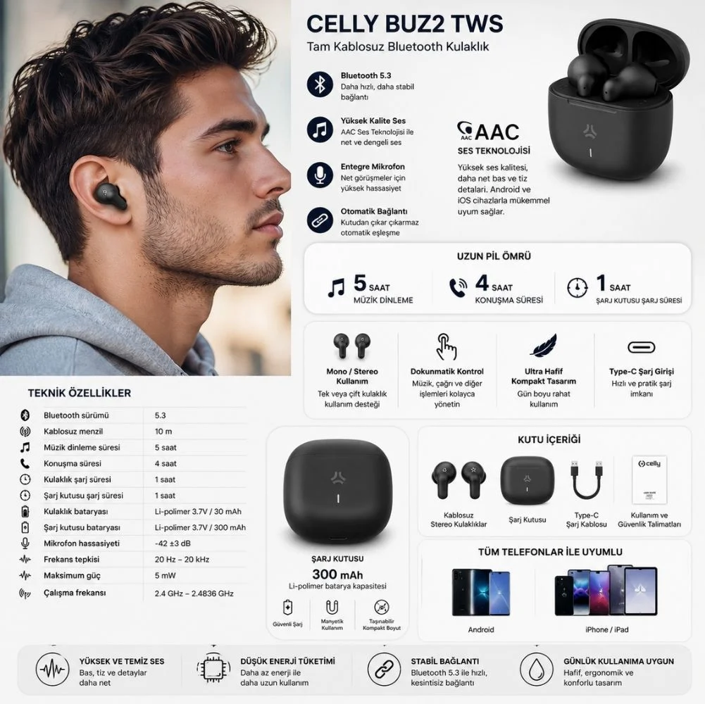CELLY BUZ2 TWS Tam Kablosuz Bluetooth 5.3 Dokunmatik Kulak İçi Siyah Kulaklık Type-C Girişli