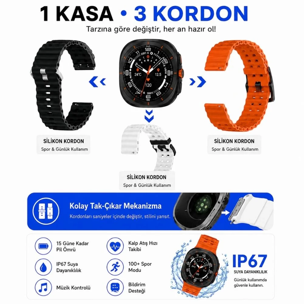 Haino Teko-17 Akıllı Saat Siyah Kasa 1 Kasa 3 Değiştirilebilir Kordon  AMOLED Ekran Bluetooth Arama