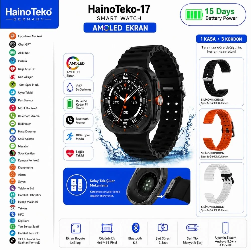 Haino Teko-17 Akıllı Saat Siyah Kasa 1 Kasa 3 Değiştirilebilir Kordon  AMOLED Ekran Bluetooth Arama