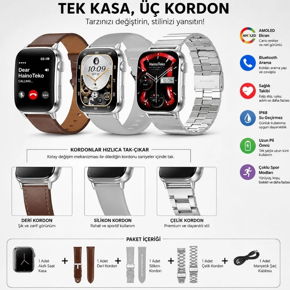 Haino Teko Watch Ultra 14 Amoled Ekran WaterProof 3 Kordonlu Akıllı Saat Gümüş Teko14