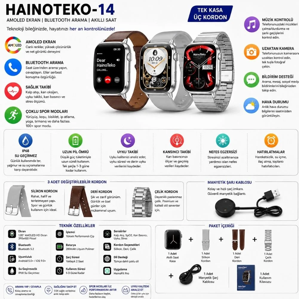 Haino Teko Watch Ultra 14 Amoled Ekran WaterProof 3 Kordonlu Akıllı Saat Gümüş Teko14