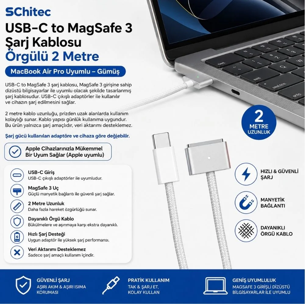 SChitec USB-C MagSafe 3 Şarj Kablos Örgülü 2 Metre MacBook Air Pro Uyumlu Gümüş