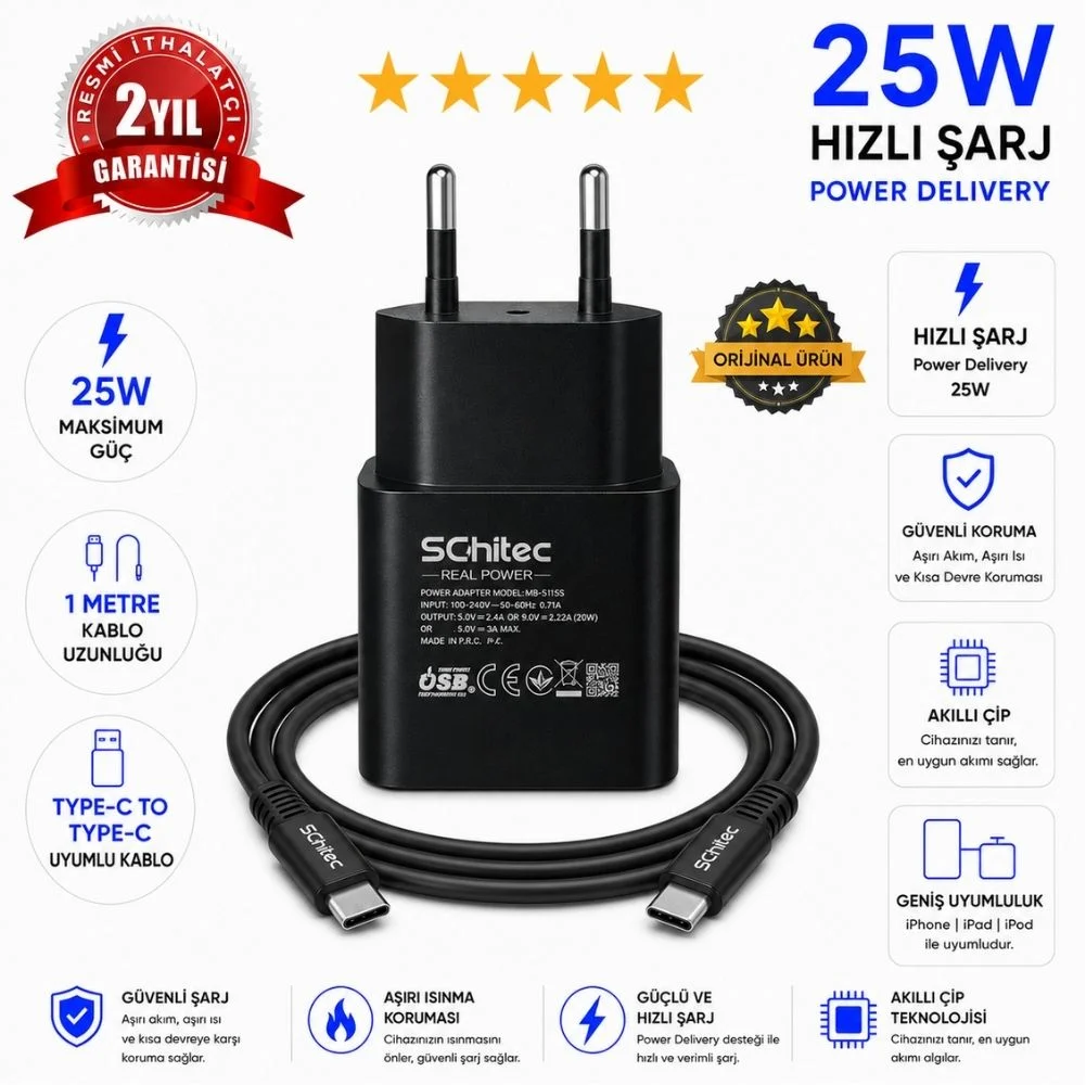 SChitec 25W Type-C Çıkışlı Hızlı Şarj Aleti Type-C to Type-C Kablolu Set Siyah SC006