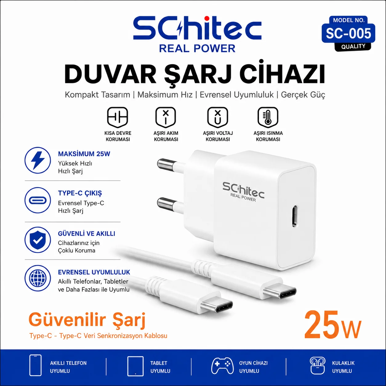 SChitec 25W Çıkışlı Hızlı Şarj Aleti Type-C to Type-C Kablolu Set Beyaz SC005