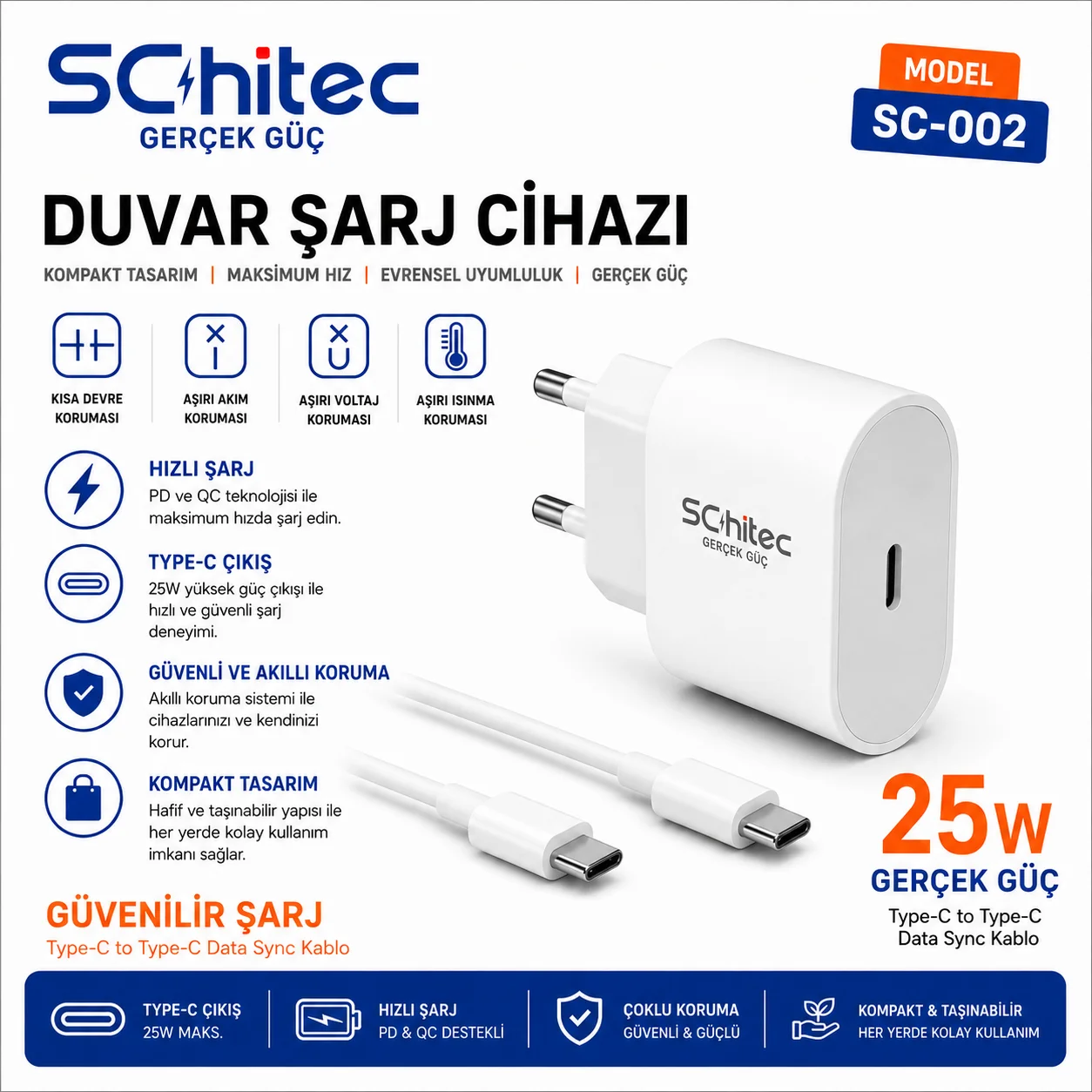SChitec 25W  Çıkışlı Hızlı Şarj Aleti Type-C to Type-C Kablolu Set Beyaz SC002