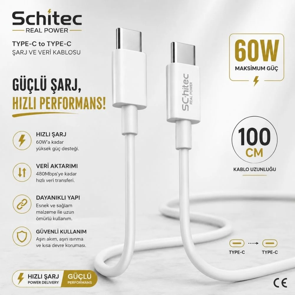 SChitec 60W Type-C to Type-C Data ve Hızlı Şarj Kablosu Telefon, Tablet, Laptop Uyumlu Beyaz SK004